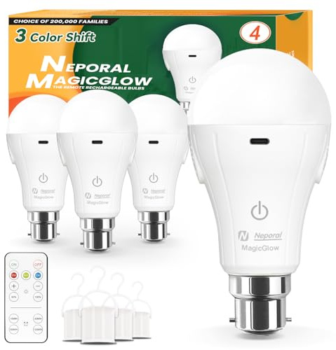 Neporal Rechargeable Light Bulb B22, 15W 60W Eq., Dimmable & 3 Colour Modes, Remote & Touch Control, USB-C Charging 24H Runtime, No Wiring, for Power Cuts, Camping, Closets – 2 Pack