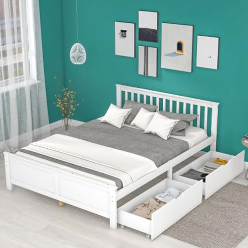 Tcewhhy Holzbett Mit 2 Schubladen Zur Aufbewahrung Jugendbett Für Erwachsene Jugendliche Gästebett Rahmen Aus Kiefernholz Bett Mit Stauraum Für Schlafzimmer Weiß Doppelbett 140x200 cm