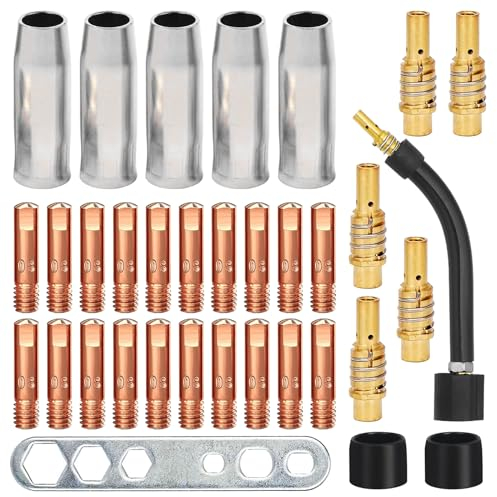 MIG/MAG Consumables, Kit de Accesorios de Pistola de Soldadura, 34 unids boquillas de contacto consejos titulares, Tobera de Gas, Punta de Contacto M6 0,8mm, Soporte de Boquilla, Aislador, Utillaje