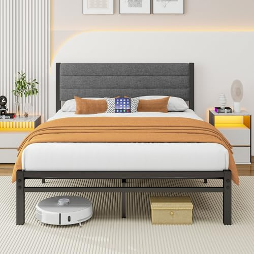 Diahomy Double Bed Frame with Storage 4ft6 Upholstered Bed Platform Bed/Metal Slats Support/No Box Spring Needed/Underbed Storage/Easy Assembly/Dark Gray