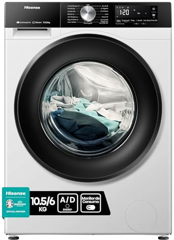 Hisense WD3S1043BW3 - Lavadora Secadora 2 en 1 con Vapor,Clase D/A, Carga Frontal 10.5 kg Lavado, Secadora 6 kg, Conectividad WiFi, Programación Asistida, Monitor de Consumo, Serie 3S, Blanco