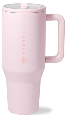 HydroJug Traveler - 32 oz Water Bottle with Handle & Flip Straw - Fits in Cup Holder, Leak Resistant Tumbler-Reusable Insulated Stainless Steel & Rubber Base - Gifts for Women & Men, Pink Sand
