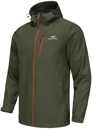 NORDIC OUTLAND Mens Rain Jacket with Mesh Lining,Waterproof Breathable Raincoat,Hooded Windbreaker for Outdoor (Medium, Army Green)