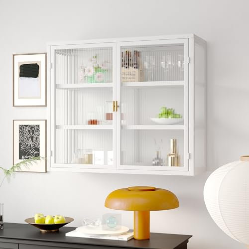 Retro Welle Glastür Wandschrank mit abnehmbaren Regalen, passend für Büros, Esszimmer, Wohnzimmer, Küchen und Badezimmer (A, weiß)