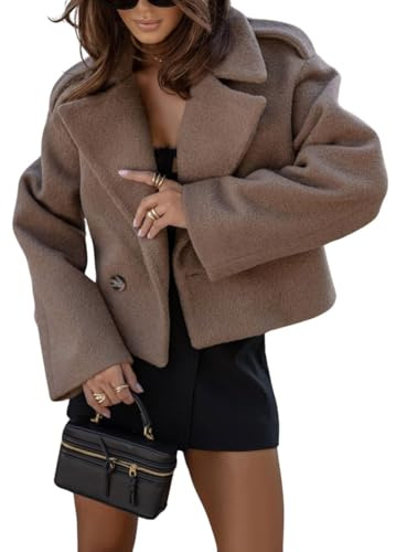 CHARTOU Women Crop Pea Coat Wool Blend Office Work Lapel Collar Short Winter Jacket Trench Coat (Medium, Coffee)