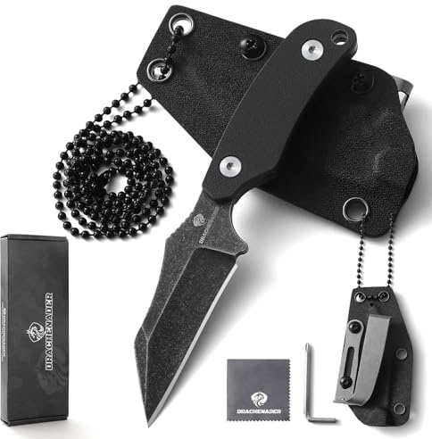 DRACHENADER X-WH halskniv, Wharncliffe D2 stål, 7,6 cm halskniv miniblad, full tang, med Kydex-fodral, kulkedja och bältesklämma