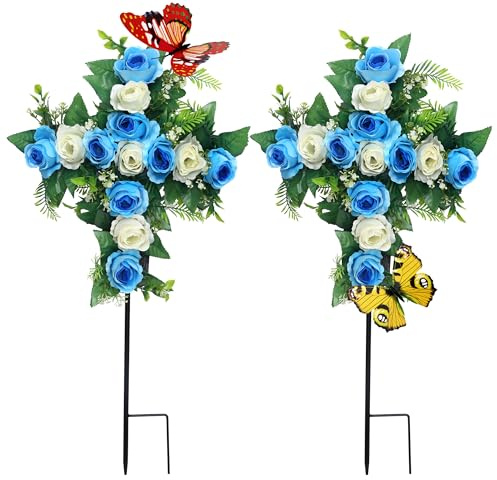 Hibsotco Artificial Cemetery Flowers,Set of 2 Faux Floral Cross,Artificial Rose Bouquet Decoration for Cemetery Headstones Gravesites,Silk Flowers for Long-Lasting Remembrance (Blue)