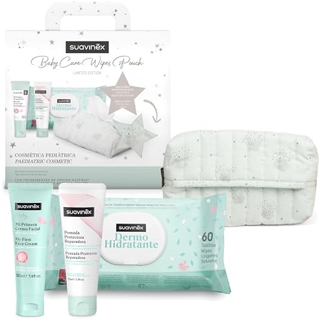 Suavinex, Cadeau bébé nouveau-né, panier bébé avec porte-lingettes en tissu avec crème pour la couche - pommade protectrice réparatrice + crème visage + lingettes dermohidratantes, bleu