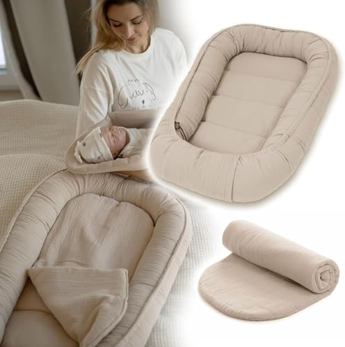 PaLulli® Baby Nestchen 100x60cm – Weiches Musselin-Babynest mit Matratze | Schlafnest, Kokon, Reisebett für Neugeborene | 100% Baumwolle (Beige)