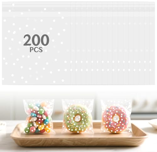 Cellophane Bags Pack of 200 (10x10cm) - Clear Food Safe Treat Bags with White Polka Dot, Self-Seal Translucent Packaging Bags for Cookies, Chocolates, Candy, Party Favors