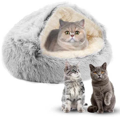 Flauschiges Katzenbett, Katzenschlafsack, Plüsch Katzenbett, Höhle mit Kapuze, Haustierzelt für den Winter, Warm, Schlafkissen, Maschinenwaschbar, für Katzen und Welpen