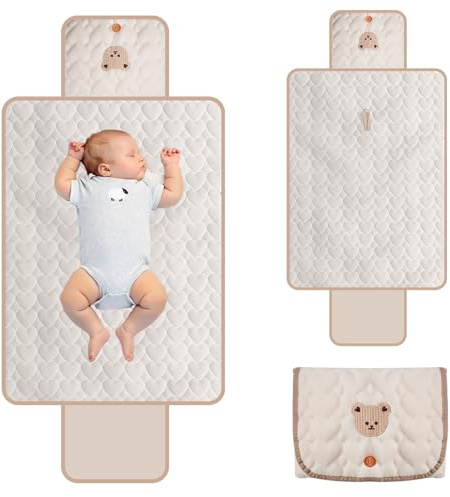 Portable Nappy Changing Mats with Storage Pockets, Foldable Diaper Travel Pad Changing Station 70 x 50 cm Beige with Bear Design for Boys and Girls Toddlers Infants, Newborns Gifts