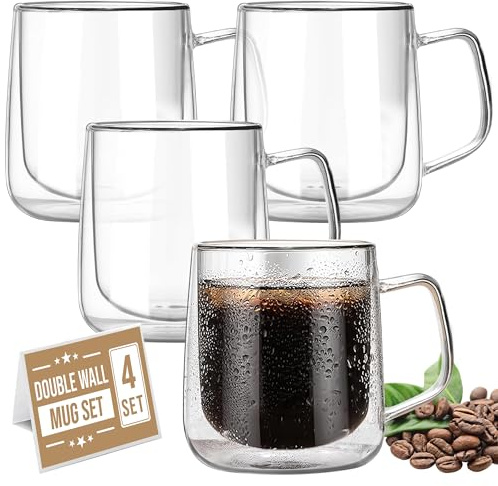 CRYSTALIA Double Walled Glass Coffee Cups 300ml Set of 4, 100% Lead Free Insulated Coffee Cappuccino Latte Macchiato Tea Milk Mugs with Handle, Borosilicate Glass Cups for Hot & Cold Drinks