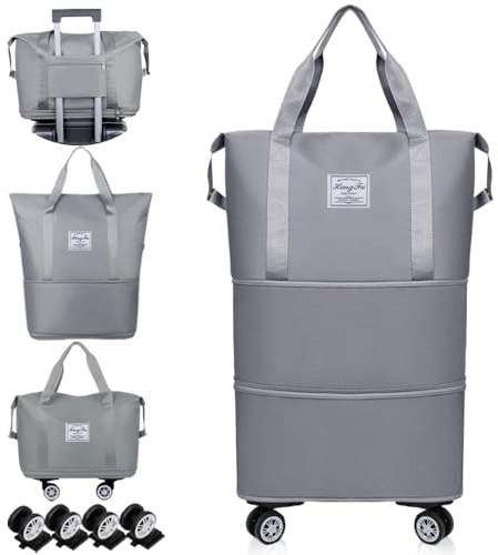 Cnwinu Faltbare Reisetasche mit Rollen, Erweiterbar Handgepäck Tasche, Reisetasche Groß mit Abnehmbar Rollen, Weekender Travel Bag für Damen und Herren, Reisetaschen für Fitnessstudio (Grau)