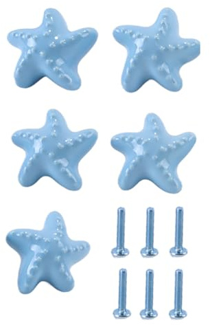 Huba Lot de 5 boutons de tiroir en céramique en forme d'étoile de mer pour chambre d'enfant, placard, armoire, commode (bleu)