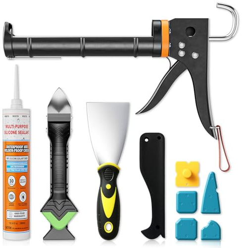 Sentoo Juego de pistola de calafateo de silicona blanca impermeable 5 en 1, extractor de silicona para juntas – adecuado para baño, cocina, suelo, ventana, fregadero y marco