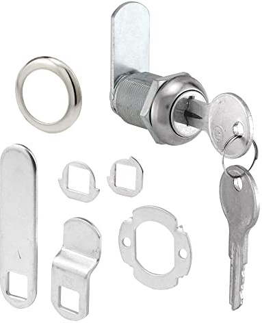 Prime-Line U 9943 Diecast Drawer and Cabinet Lock – 3 Cams, Trim Collar, 2 Washers, 2 Keys and Fasteners – 7/8 In. Length for 9/16 In. Max Panel Thickness, Stainless Steel (1 Set)