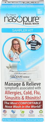 DR HANA'S NASOPURE El Mejor Neti | Sampler Kit | Botella 8 onzas con 4 salina tamponada paquetes | Alergias y alivio de la congestión nasal Wash