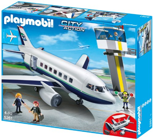 Playmobil - 5261 - Jeu de Construction - Avion et Tour de Contrôle 4 Personnages, 1 Grand Avion, 1 Tour de contrôle, 5 sièges de passagers, 1 Salle d'eau avec Toilettes