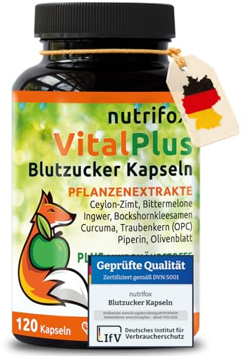 Nutrifox® - 120 Blutzucker Kapseln Vital Plus (Ceylon-Zimt, Chrom, Zink, OPC, Bittermelone, Bockshornkleesamen, Kurkuma, Ingwer, Vitamin B Komplex, usw.) 2 Monate, von Beratern für Diabetes