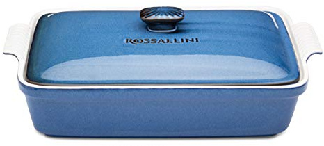 ROSSALLINI Stoneware Casserole Dish Bakeware Set with Lid, Covered Rectangular Dinnerware, Extra Large 4.23 Quart, 13 by 9 Inch, Blu Indaco [Reactive Blue]