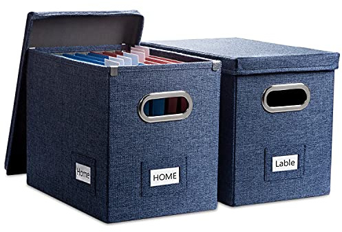PRANDOM File Organizer Box - Set of 2 Collapsible Decorative Linen Filing Storage Hanging File Folders with Lids Office Cabinet Letter Size Navy Blue (14x9.3x10.8 inch)