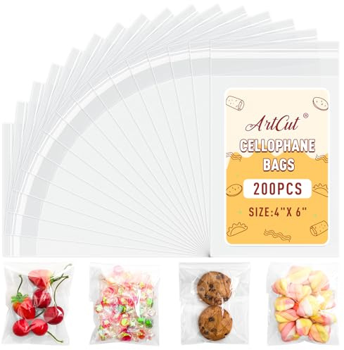 ARTCUT 200 Pcs Cellophane Bags, 4 X 6 Cookie Bags, Self-Adhesive Opp Bag