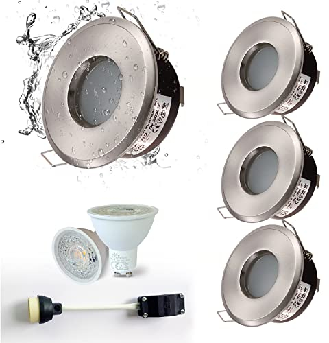 4XSweier Downlight Empotrable IP65, 5W Blanco Cálido 3000K, Downlight LED Empotrable Para Focos de Baño y Cocina (incl. casquillo GU10), Níquel Satinado, Recorte 70mm