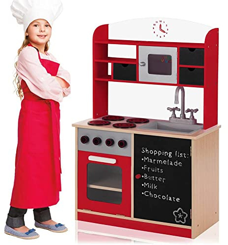 Bakaji Cucina in Legno Giocattolo per Bambini con Anta e Cassetti Lavagna Lavello in Plastica 4 Fornelli Forno Apribile e Microonde Chiusure Magnetiche 60 x 30 x 90 cm (Rosso)