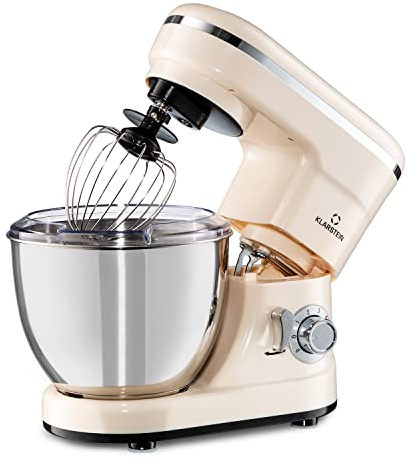 KLARSTEIN Bella - Robot patisserie, Robot cuisine, Petrin a pain, 6 niveaux de puissance, Fonction Pulse, Système planétaire, Bol en acier inoxydable, 3 pcs, 1200 W - Crème