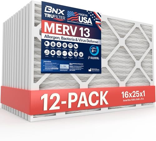 BNX TruFilter 16 x 25 x 1 luftfilter MERV 13 AC-filter, HVAC ugnsfilter, 12-pack (faktisk storlek 39,85 x 62,71 x 1,91 cm) allergier, damm, husdjursmjäll och rök - TILLVERKAD I USA - MPR1500/FPR 10