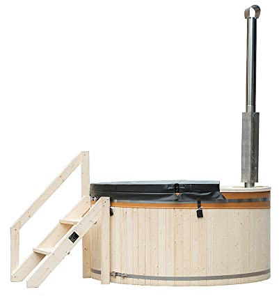Home Deluxe - Hot Tub SKANDI - Größe M, ⌀ 180 cm, Außenhöhe 100 cm, Nordische Fichte, inkl. Abdeckung, Treppe und Ofen I Badefass Badetonne Whirlpool
