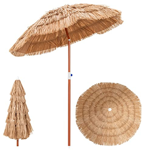 COSTWAY Sombrilla de Playa Inclinable y Plegable, Apariencia de Paja y 8 Costillas, para Jardín, Terraza y Exterior