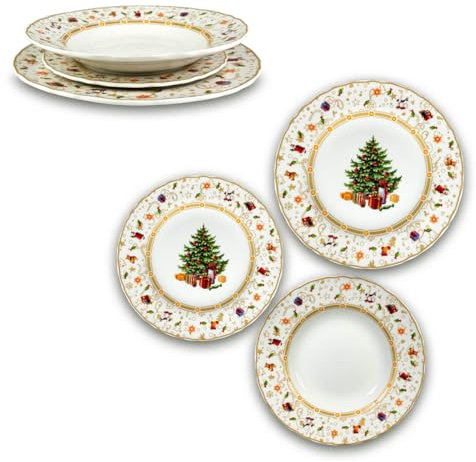 ARCA, Set di 18 Piatti in Porcellana, Servizio per 6 Persone, con Decorazione Albero di Natale con Bordo Oro, Resistenti e Duraturi, Ideali per la Tavola, Idea Regalo Natale, in Diverse Misure