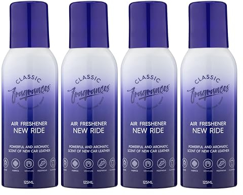 Classic Fragrances 4 Pack New Ride - Powerful & Aromatic Car Aroma Air Freshener Spray - For Home & Vehicles – Long Lasting Smell, Portable Spray Can – Deodorise & Neutralise Odours – 125ml