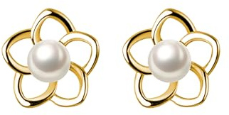 Reffeer 925 Sterling Silver Flower Earrings Studs for Women Teen Girls Petite Pearl Flower Studs Earrings (B-Gold)
