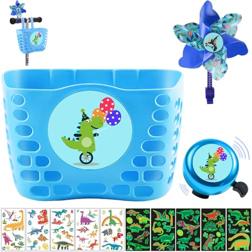 LUKIUP Panier de vélo pour Enfants, Panier Velo Enfant Bleu, Dinosaure Panier Velo, Enfants Avant Guidon Paniers, with Cloche de Vélo Autocollants (Bleu)