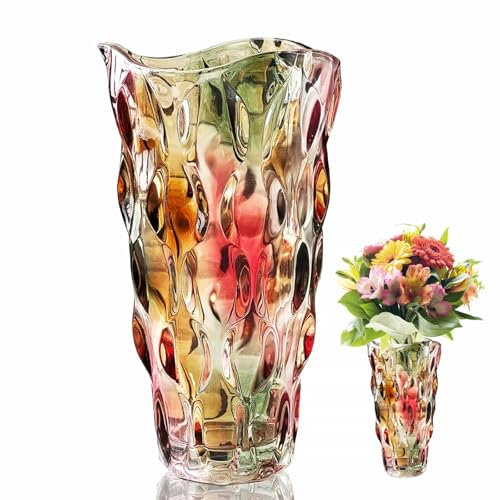 Glass Vase for Flowers, 24cm Tall Vintage Coloured Glass Vase, Large Tall Crystal Coloured Flower Vases, Honeycomb Crystal Floral Vases, for Home Decor, Wedding Decor, Modern Ornaments