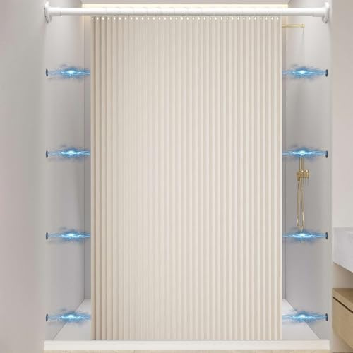 Momooda Rideau de Douche Pliable Aimantée avec Crochets, Imperméable Anti Moisissure, Lin pour Salle de Bain, Beige, 80x200cm