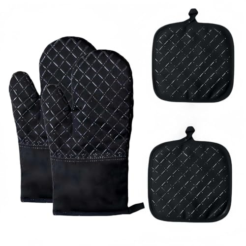 (2026) Oven Gloves Heat Resistant – Double-Sided Non-Slip Silicone Mitts for Grilling, Cooking, Baking & BBQ – 1 Pair (2 Gloves + 2 Pot Holders) – 18” Long for Maximum Protection – Black Christmas