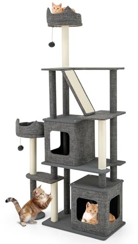 COSTWAY Cat Tree, 180cm Tall Cats Climbing Tower with 2 Perches, 2 Condos, Dangling Balls, Scratching Posts & Ramp, Indoor Multi-Level Kitten Activity Center Play House, Grey