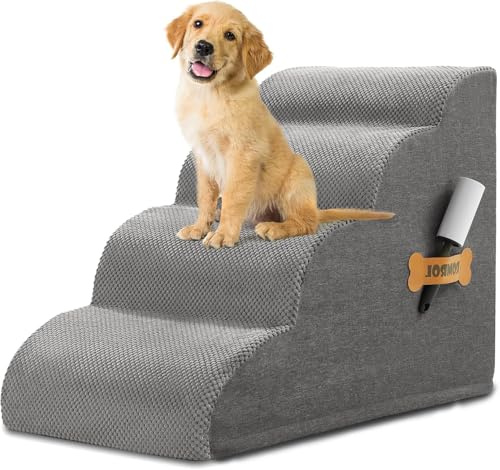 ROMROL Dog Stairs for Small Dogs, 4-Step Non-Slip Pet Ramp for Bed & Sofa – High-Density Foam, Removable Washable Cover – Soft Dog Steps for Puppies, Senior Dogs & Cats, 58x38x38cm, Grey