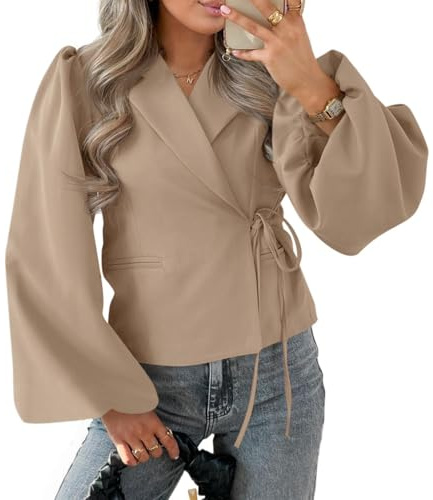 Cicy Bell Womens Puff Long Sleeve Blazers V Neck Wrap Cropped Trench Coat Work Office Dressy Casual Suit Jackets Khaki