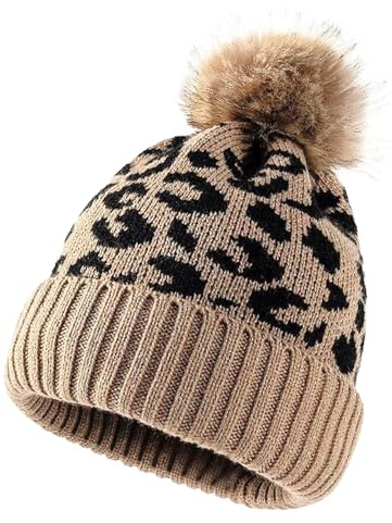 KASESSS Imprimé LéOpard Bonnet Femme d'hiver Kaki Extensible Tricoté Bonnet Femme Hiver Chaud éLéGant Bonnets à Pompon Toucher Doux pour Femmes Couvre-Chefs-d'hiver Thermiques Et Confortables