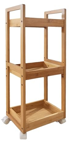 Relaxdays Rullvagn, 3 fack, bambu, H x B x D: 80 x 30 x 20 cm, badrum & kök, MDF, smal nischvagn, vagn, natur