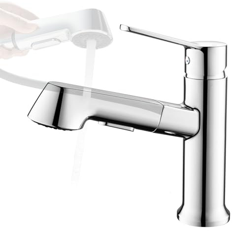 BAITUJIE Bathroom Tap, Washbasin Tap with Pull-Out Shower Head, Bathroom with 2 Water Jet Types, Pull-Out Mixer Taps, Chrome