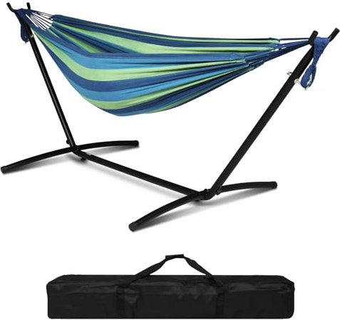 Bonnlo Hamac sur Pied avec Support en Acier, Hamac Extérieur en Coton-Polyester, Ensemble sur Pied Pliable, Porte 150 kg pour Jardin, Terrasse, Balcon (Bleu/Vert, 300 * 120 * 100 cm)