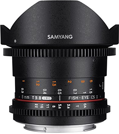 Samyang F1322406101 - Objetivo para vídeo VDSLR para Sony E (Distancia Focal Fija 8mm, Apertura T3.8-22 UMC, Ojo de pez, CSII), Negro