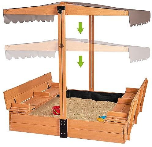 Gutinneen - Caja de arena para niños con dosel, 2 asientos de banco plegables, revestimiento retráctil para protección de arena para tejado de 100 x 100 cm