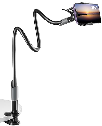 SAIJI Gooseneck Phone Holder for bed, Flexible Cell Phone Stand, Lazy Arm Holder 360 Mobile Phones Mount Clamp Compatible with iPhone 15 14 13 12 Pro Xs, Samsung S21, 4-7 Screen Devices (Black)